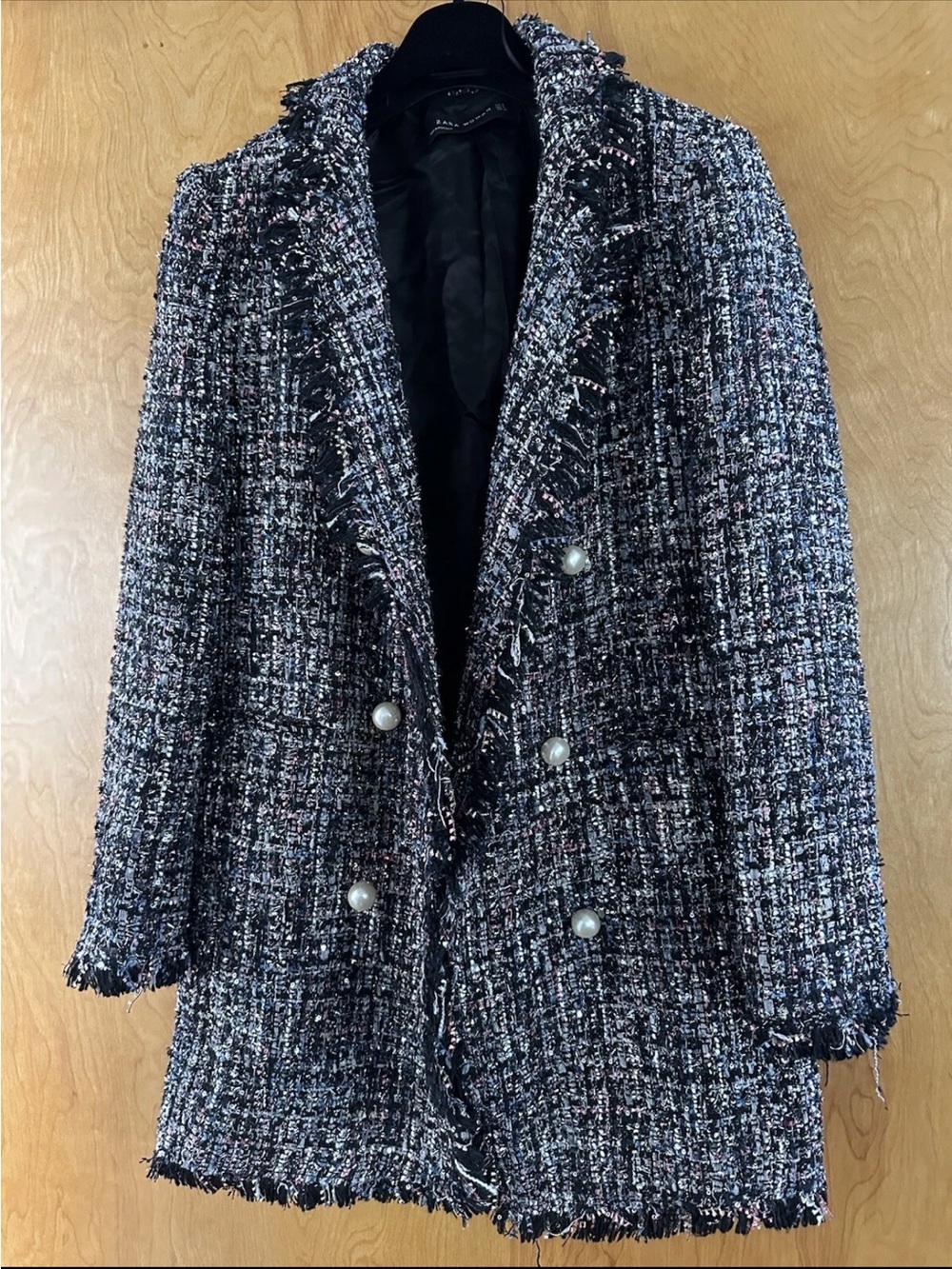 Zara Tweed Lurex Long Blazer Coat with Pearl Buttons